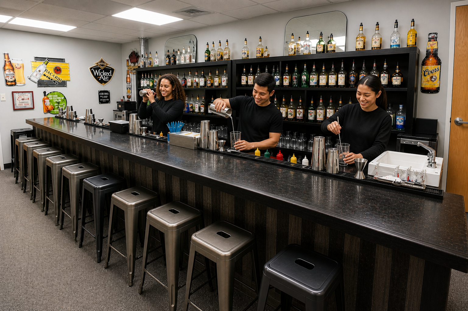 Students practicing hands-on bartending skills at ABC Bartending School Charlotte