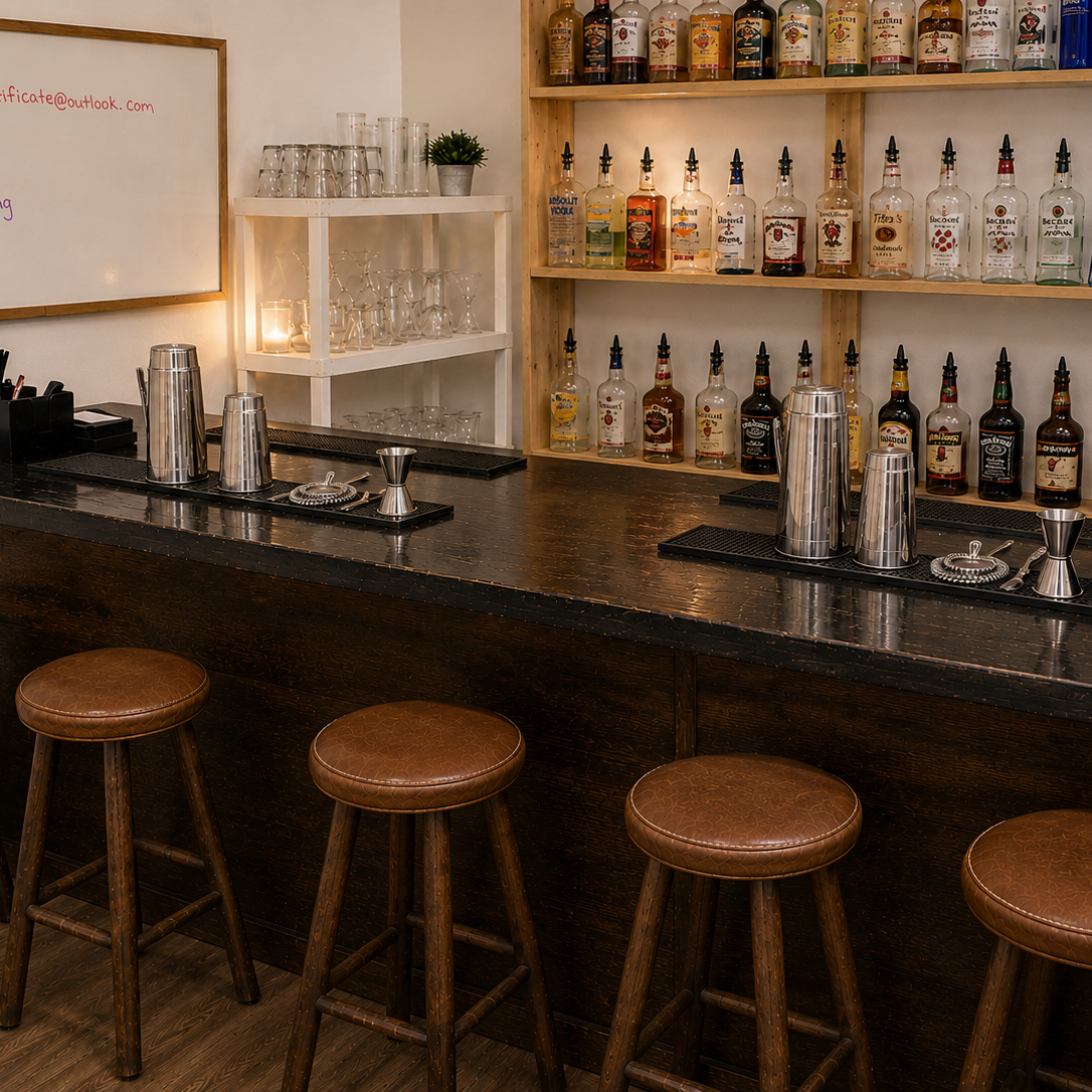 Bartending classroom setup at ABC Bartending School in Asheville with bar stations and training equipment